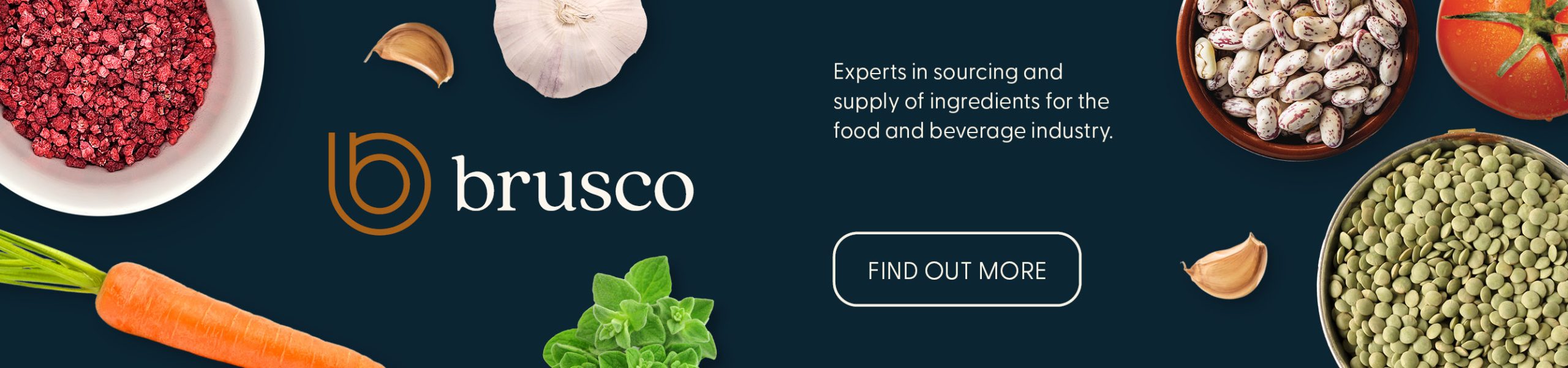 Brusco food group logo with ingredients including freeze dried, garlic, carrots, beans, pulses and tomato